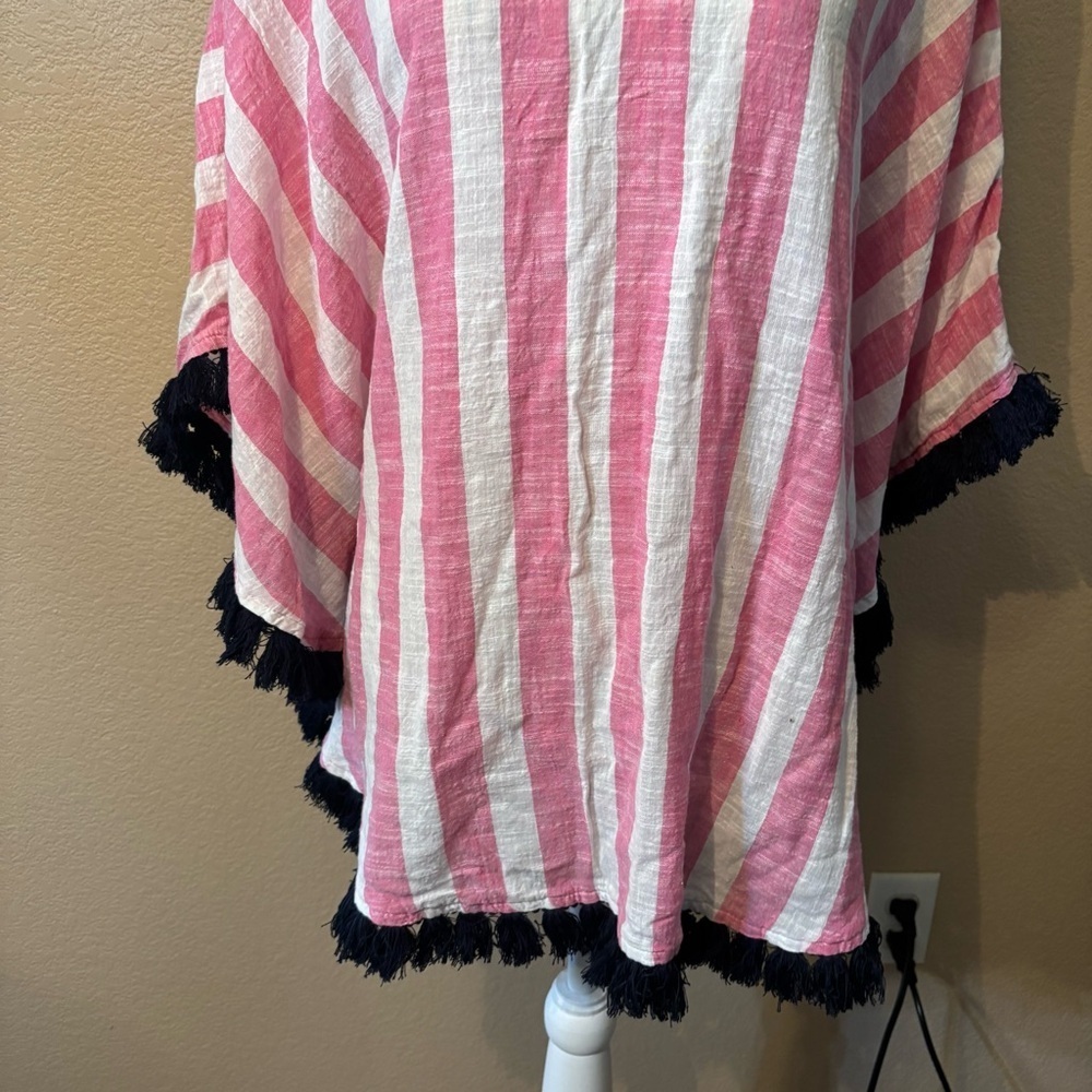 Mud Pie Coverup Pink White Striped Black Fringe Beach Swim Poncho Cotton - Picture 4 of 16